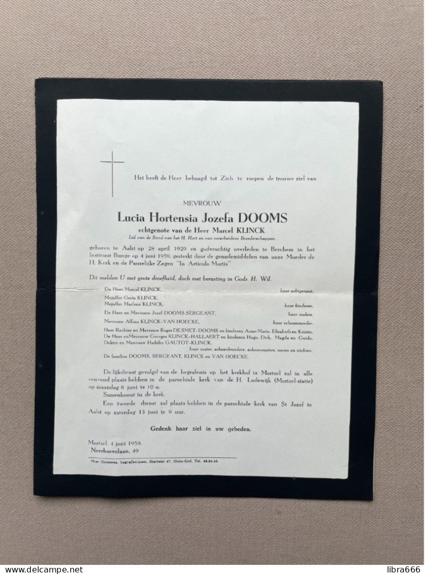 DOOMS Lucia Hortensia Jozefa °AALST 1929 +BERCHEM 1959 - KLINCK - SEGEANT - VAN HOECKE - HALLAERT - H. Lodewijk, Mortsel - Obituary Notices