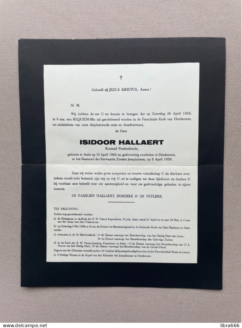 HALLAERT Isidoor °AALST 1865 +HERDERSEM 1958 - Rustend Postbediende - BOMBEKE - DE VEYLDER - Overlijden