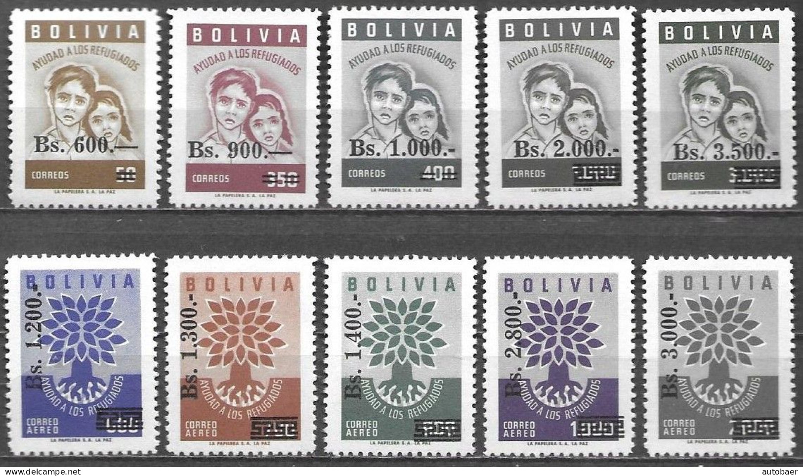 Bolivia Bolivie Bolivien 1962 Refugee Year Refugie Overprint Michel No. 662-71 MNH Mint Postfrisch Neuf ** - Bolivia