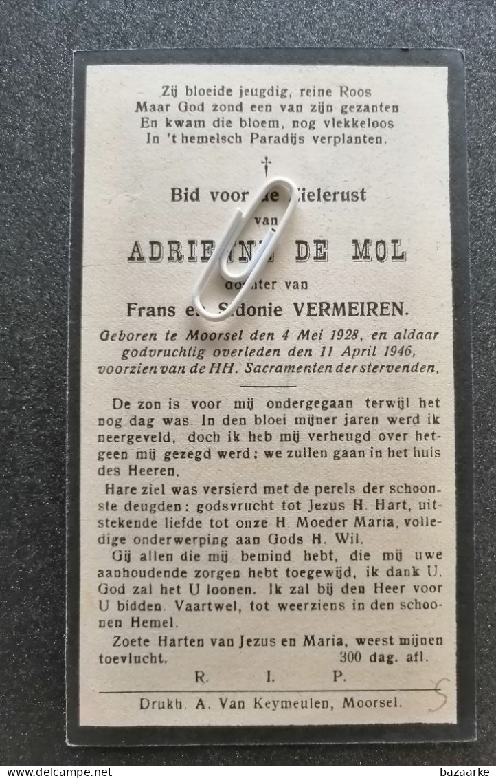 ADRIENNE DE MOL ° MOORSEL 1928 + 1946 / DOCHTER VAN FRANS EN SIDONIE VERMEIREN - Devotieprenten