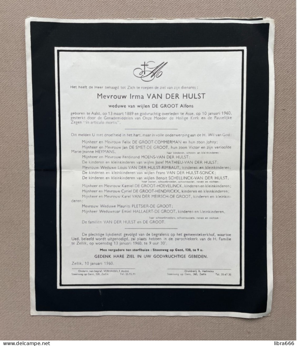 VAN DER HULST Irma °AALST 1889 +ASSE 1960 DE GROOT - COMMERMAN - DE SMET - MOENS - MATHIEU - RIMBAUT - H Familie, Zellik - Obituary Notices