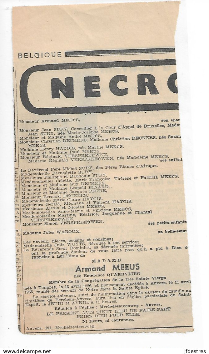 FP Nécrologie La Libre Belgique Emerence Quaedvlieg épse Armand Meeus Anvers 1966 - Esquela