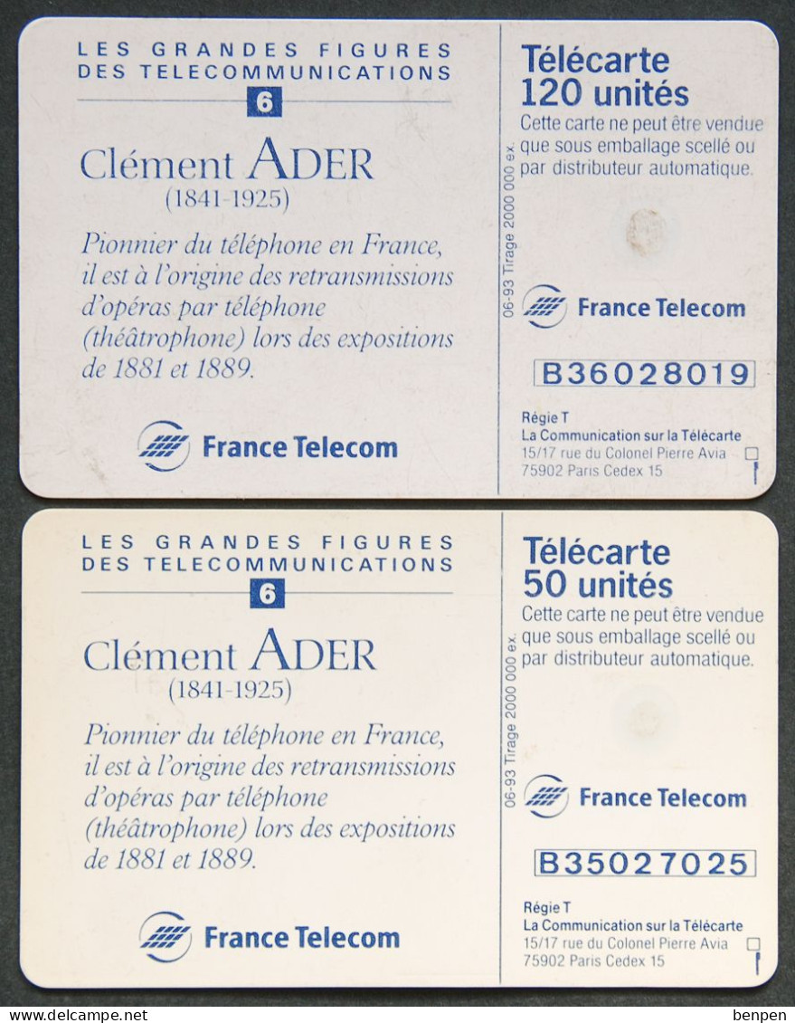 Télécartes Clément ADER 1993 Figures Télécommunications Pionnier Téléphone Opéra 120U 50U France Telecom 1841 1925 - Ohne Zuordnung