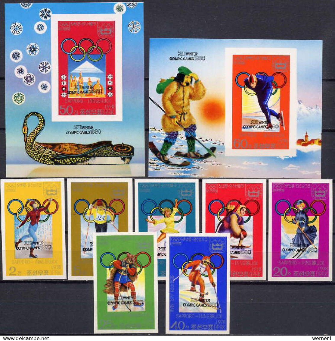 North Korea 1979 Olympic Games Lake Placid Set Of 7 + 2 S/s With Overprint Imperf. MNH -scarce- - Winter 1980: Lake Placid