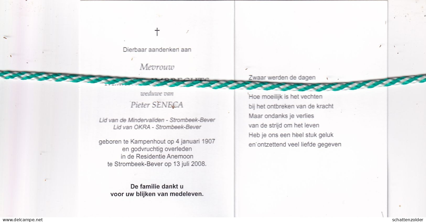 Madeleine Imbrechts-Seneca, Kampenhout 1907, Strombeek-Bever 2008. Honderdjarige. Foto - Obituary Notices