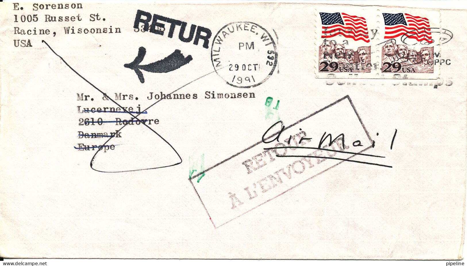 USA Cover Sent To Denmark 29-10-1991 And Returned 4-11-1991 See Scans - Cartas & Documentos