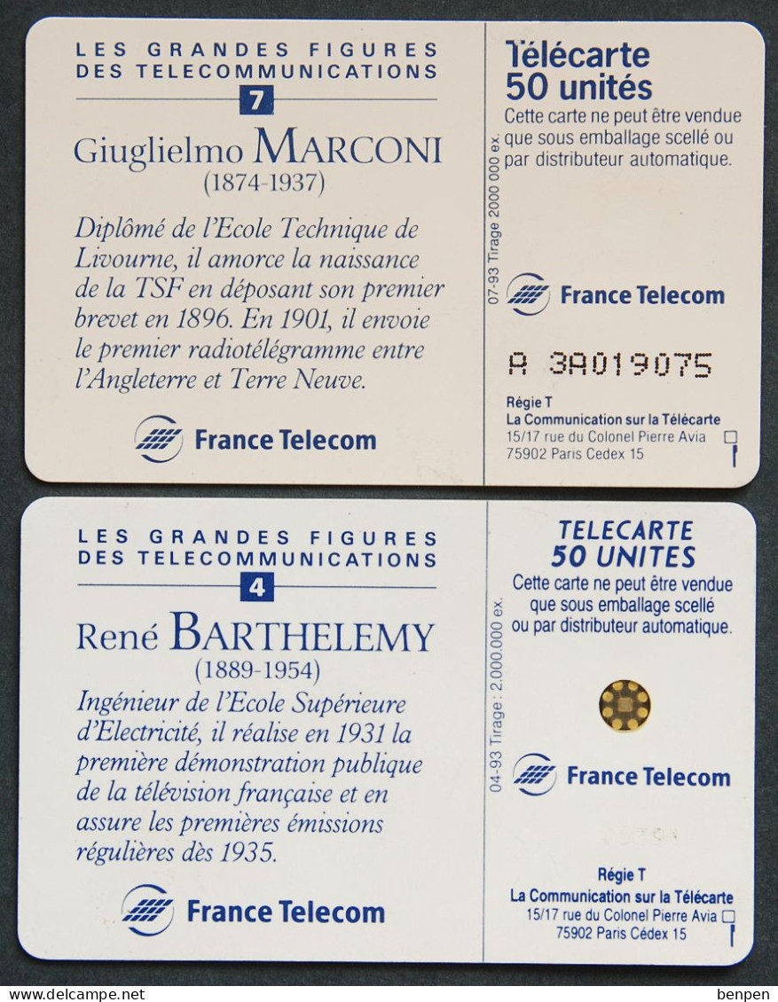 Télécartes Giuglielmo MARCONI René BARTHELEMY 1993 Figures Télécommunications TSF Télégram Télévision 50U France Telecom - Non Classés