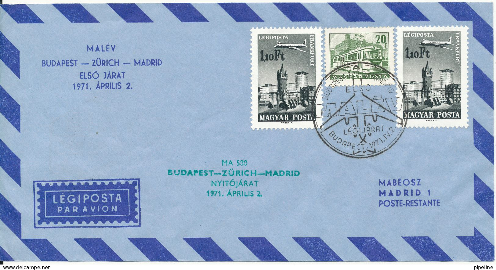 Hungary Air Mail Cover First Malev Flight Budapest - Madrid 2-4-1971 - Covers & Documents