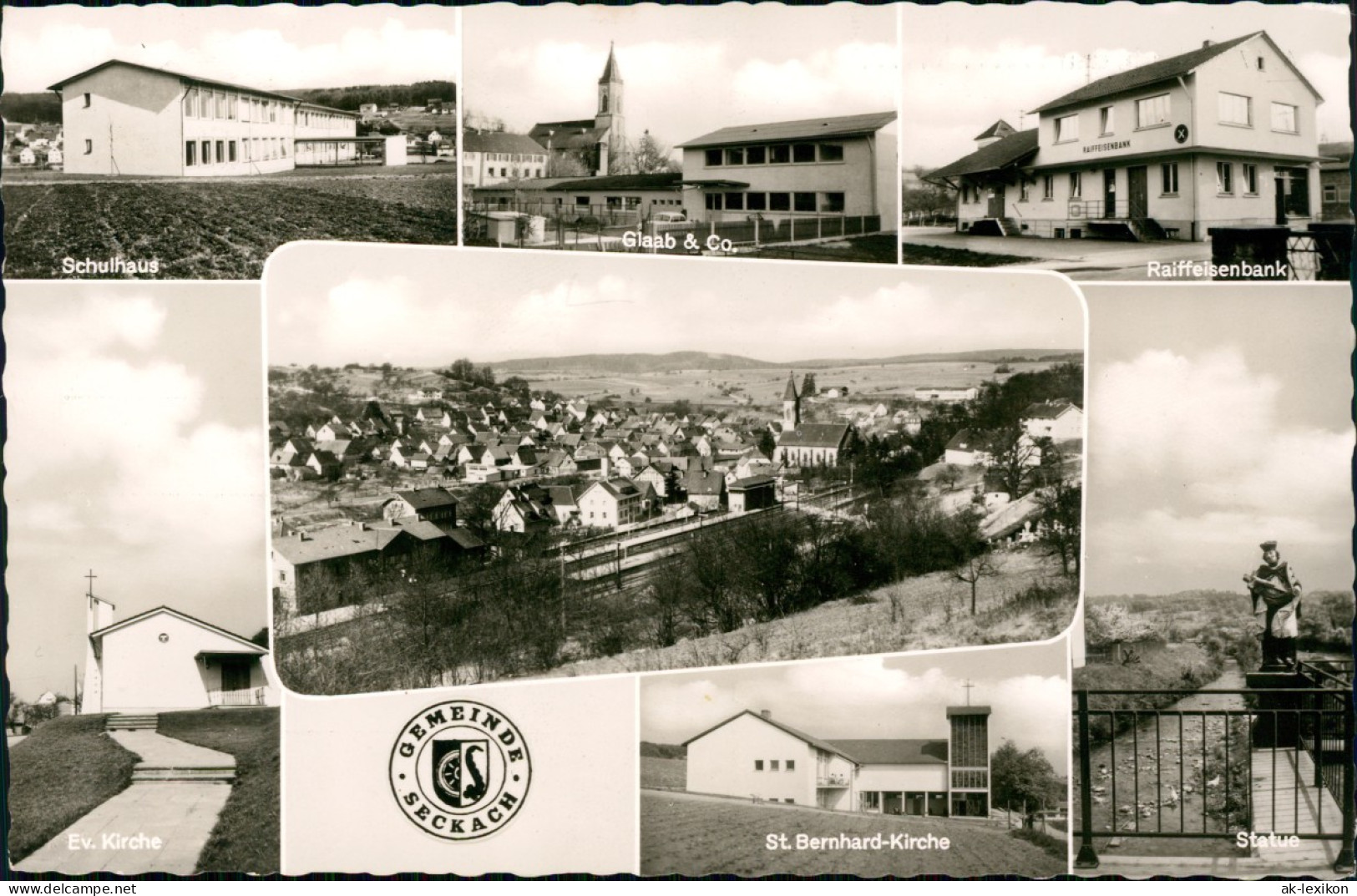 Ansichtskarte Seckach St. Bernhard-Kirche, Raiffeisenbank, Ev Kirche 1962 - Sonstige & Ohne Zuordnung