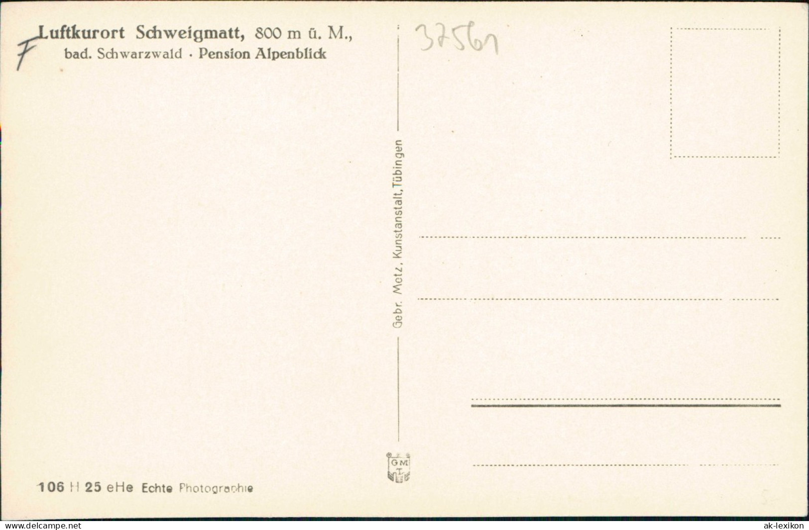 Ansichtskarte Schweigmatt Schwarzwald Pension Alpenblick Rückseite 1932 - Other & Unclassified