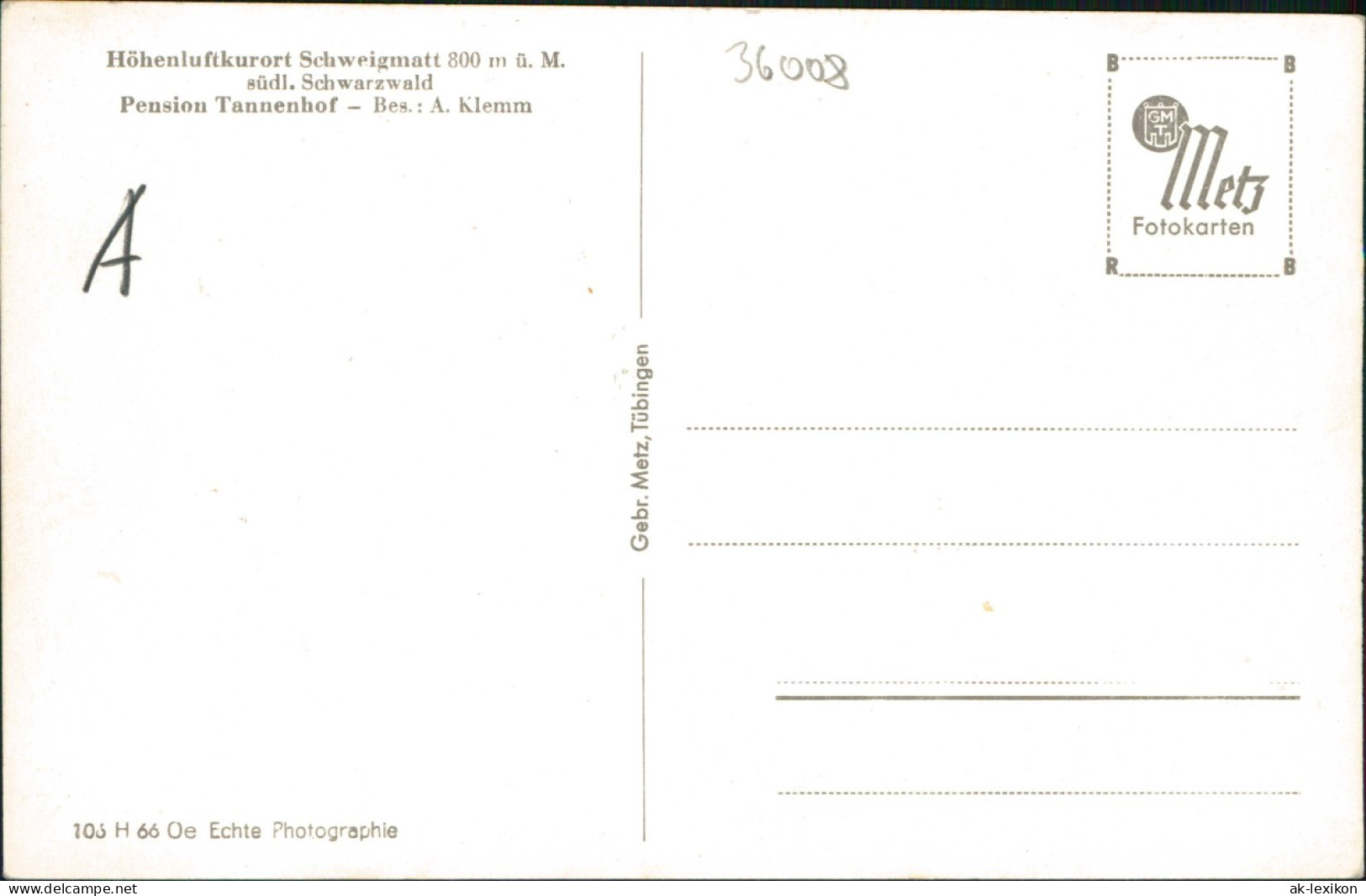 Ansichtskarte Schweigmatt Pension Tannenhof - Gartenseite 1932 - Other & Unclassified