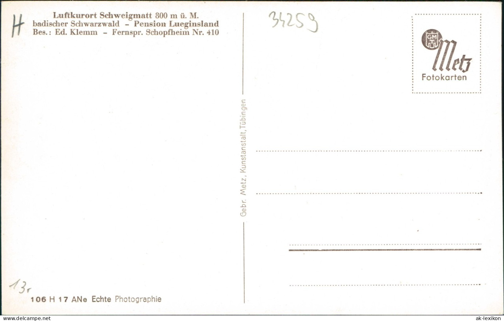 Ansichtskarte Schopfheim Schweigmatt 800 M ü. M. Pension Luginsland 1939 - Schopfheim