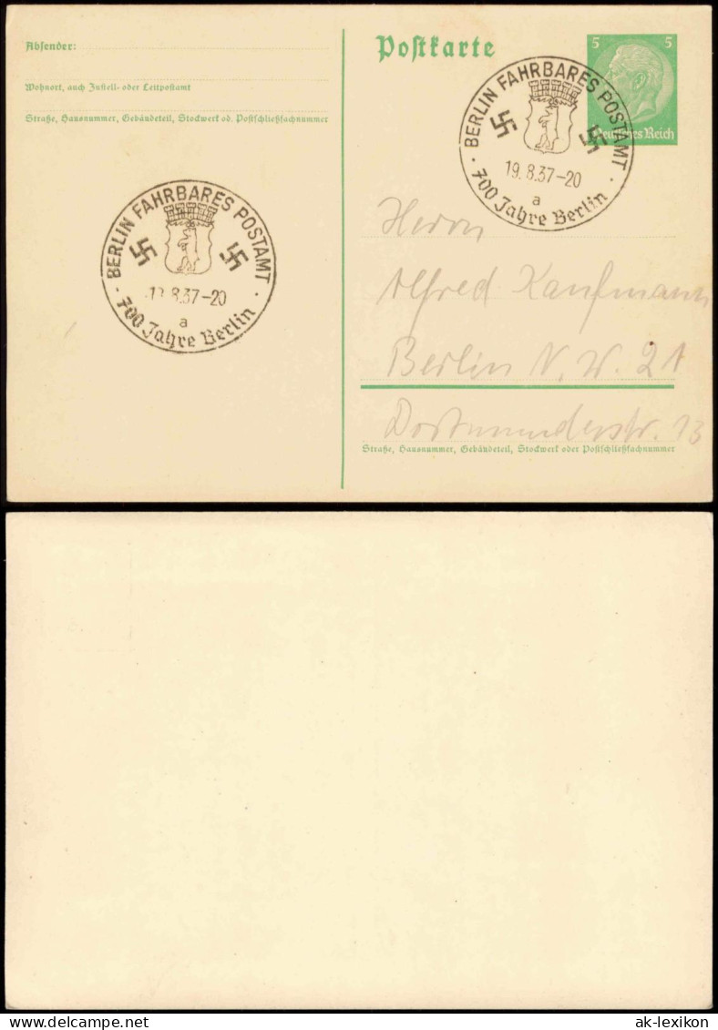 Ganzsachen Deutsches Reich Hindenburg 1937   Fahrbares Postamt 700 Jahre Berlin - Ohne Zuordnung