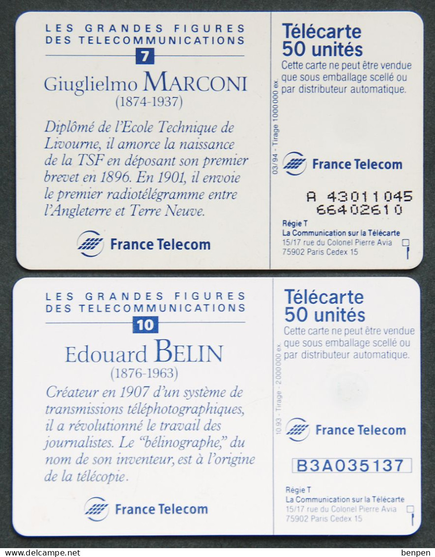 Télécartes Giuglielmo MARCONI Edouard BELIN 1993 Figures Télécommunications TSF Télégramme Télécopie 50U France Telecom - Unclassified