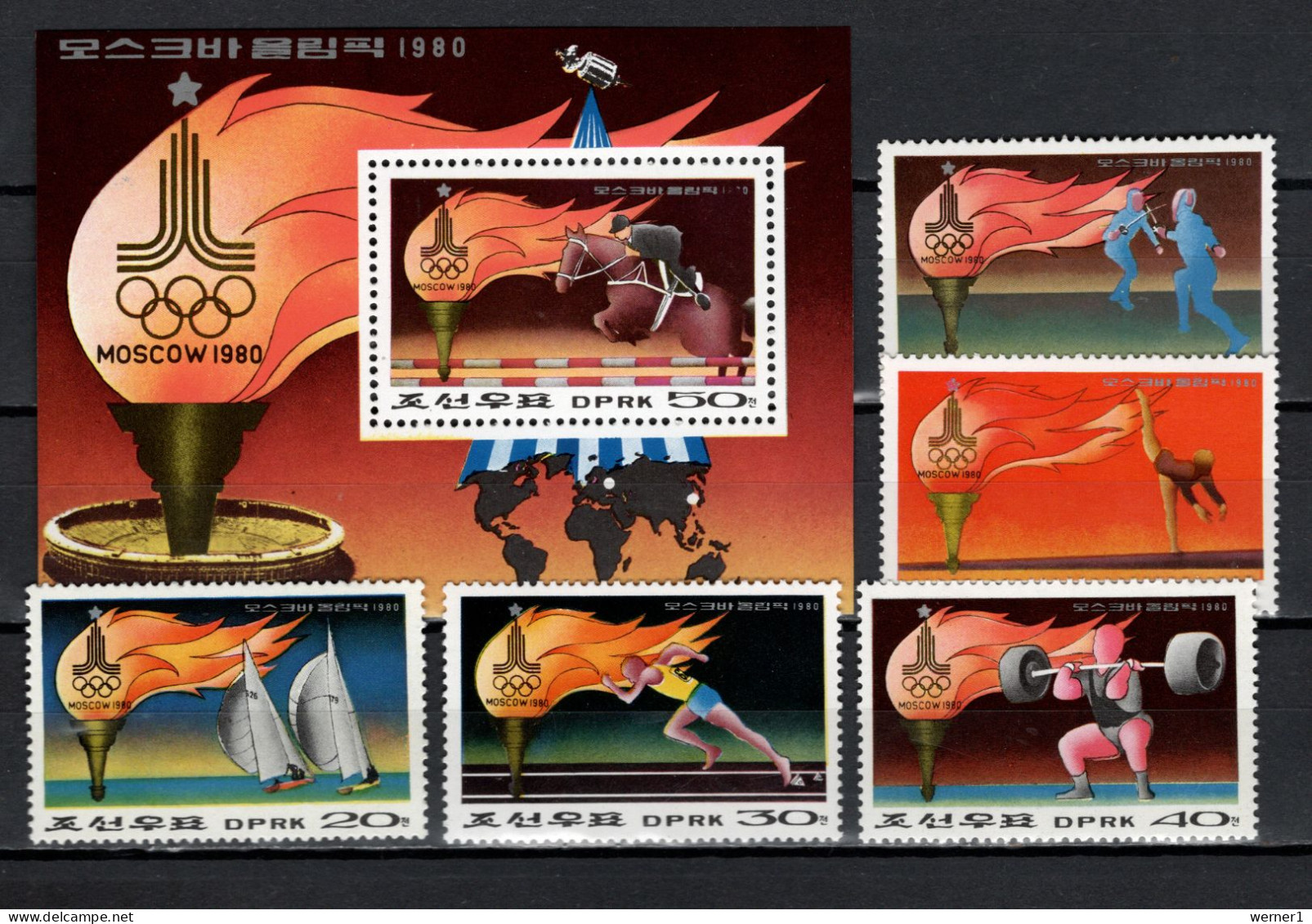 North Korea 1979 Olympic Games Moscow, Space, Equestrian, Fencing, Weightlifting Etc. Set Of 5 + S/s MNH - Summer 1980: Moscow