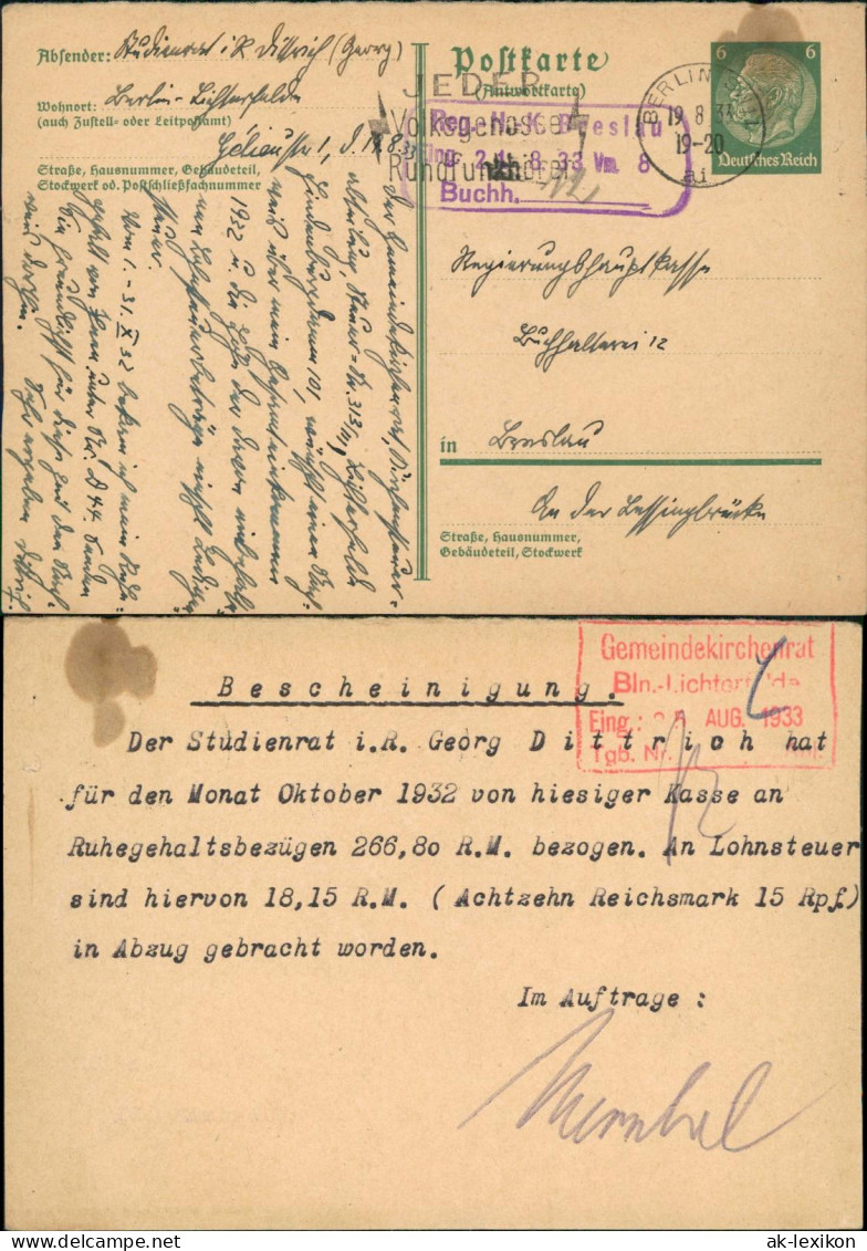 Ganzsache  Ganzsache Hindenburg 6 Pfg. 1933   Stempel GKR Berlin Lichterfelde - Unclassified