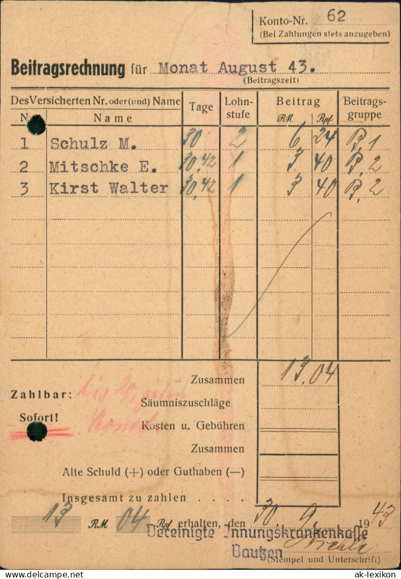 Bautzen Budyšin Beitragsrechnung Innungskrankenkasse Bautzen 1943 - Bautzen