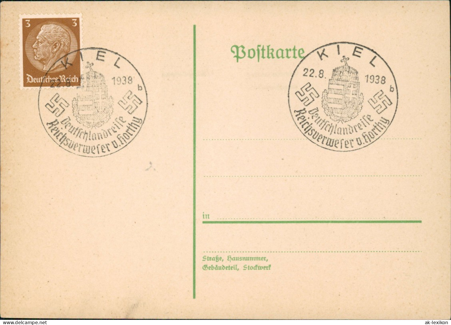 Ansichtskarte  Drucksache 3 Pfg. Hindenburg 1938  Sonderstempel Kiel Deutschlandreise - Unclassified