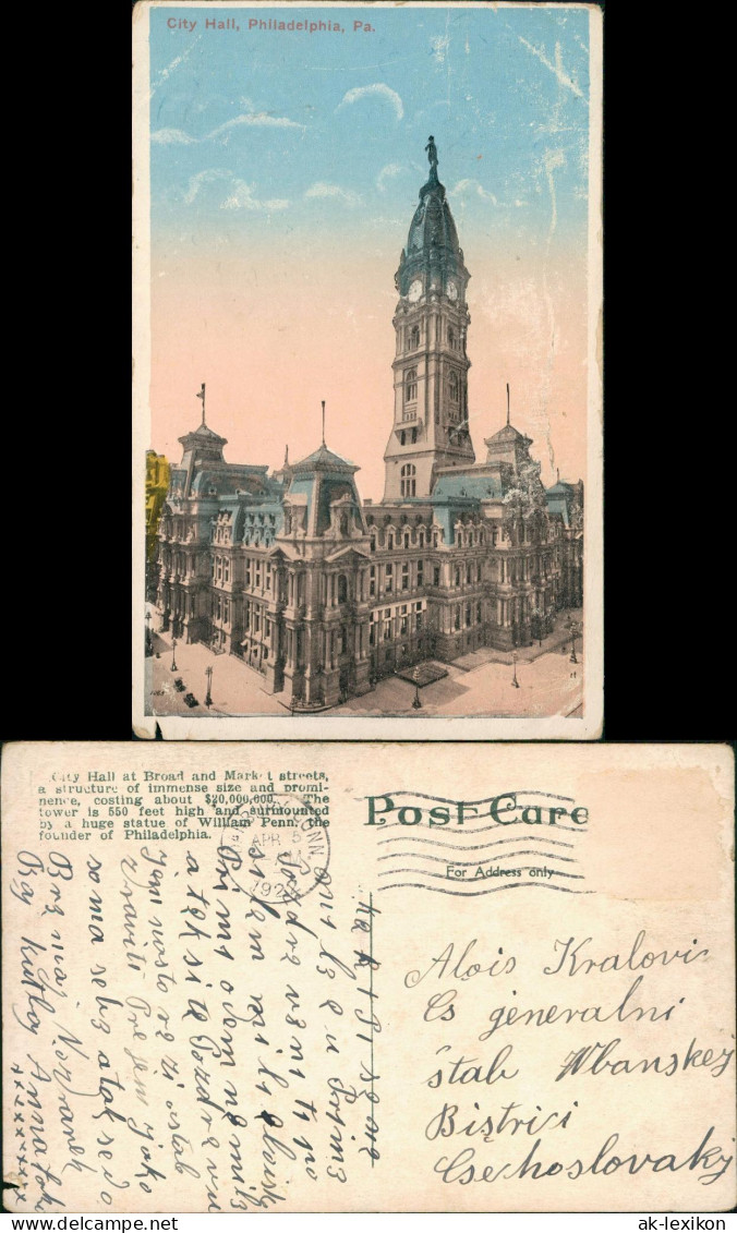 Postcard Philadelphia City Hall 1922 - Autres & Non Classés