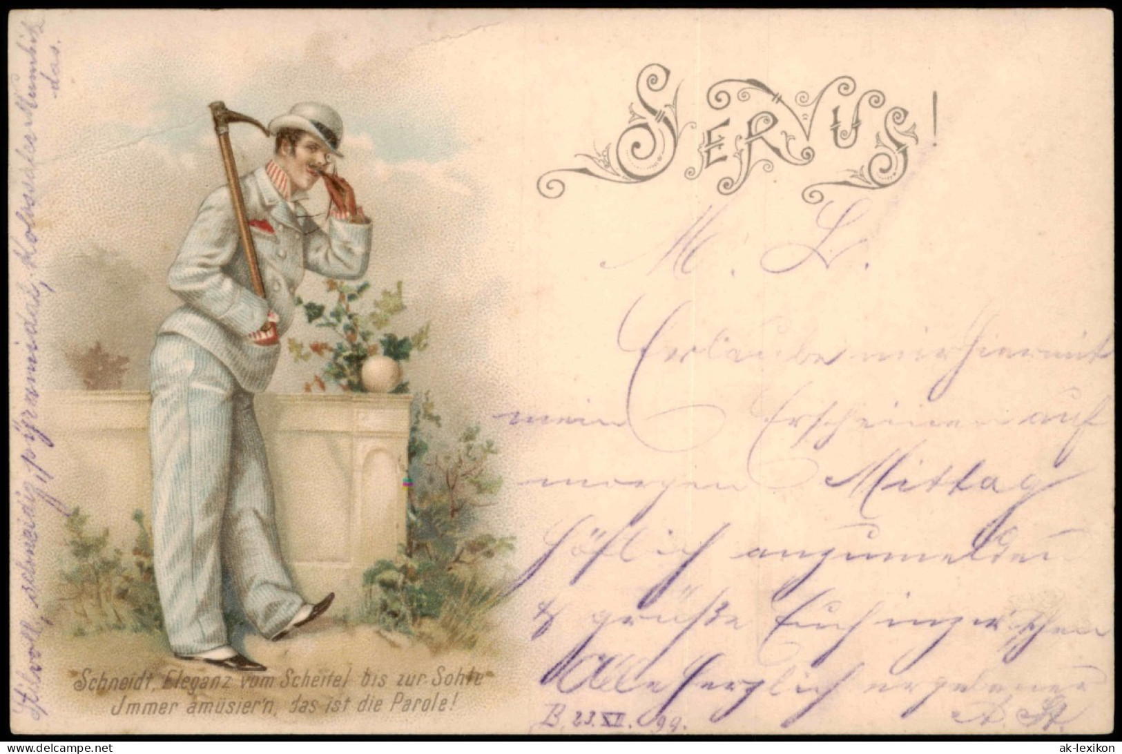Ansichtskarte  Künstlerkarte Mann In Feiner Kleidung SERVUS 1899 - Voor 1900