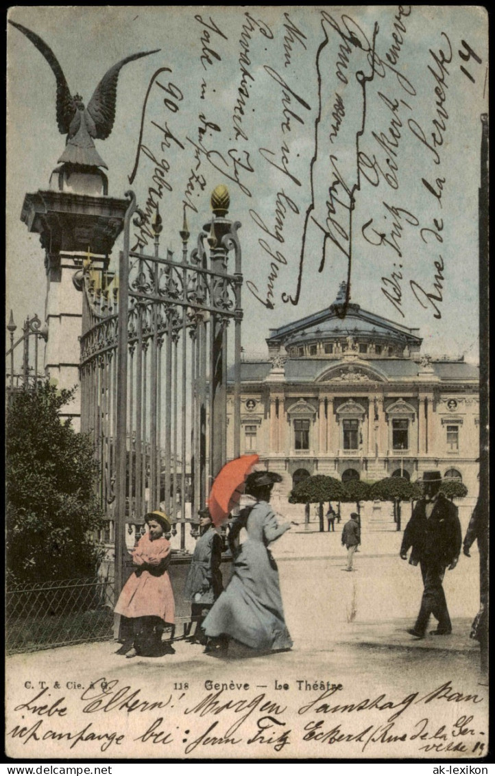 Ansichtskarte Genf Genève Theater, Dame Mit Schirm Colorierte AK 1903 - Sonstige & Ohne Zuordnung
