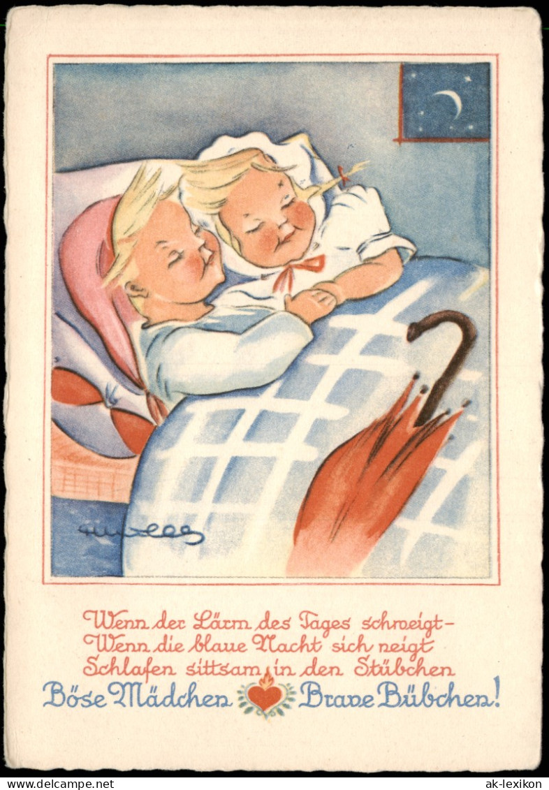 Kinder Künstlerkarte Im Bett Böse Mädchen Brave Bübchen! 1942 - Portraits