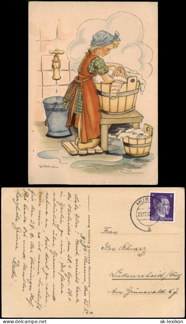 Ansichtskarte  Kinder Künstlerkarte Mädchen Beim Wäsche Waschen 1942 - Ritratti