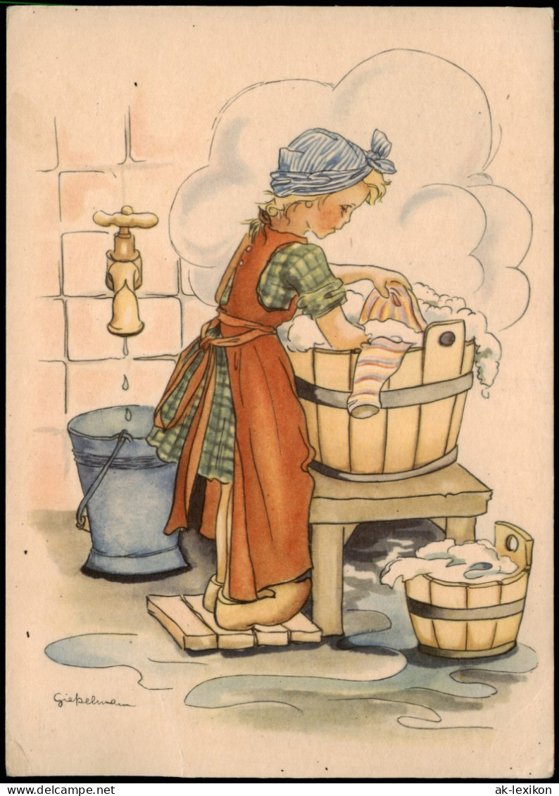 Ansichtskarte  Kinder Künstlerkarte Mädchen Beim Wäsche Waschen 1942 - Portraits
