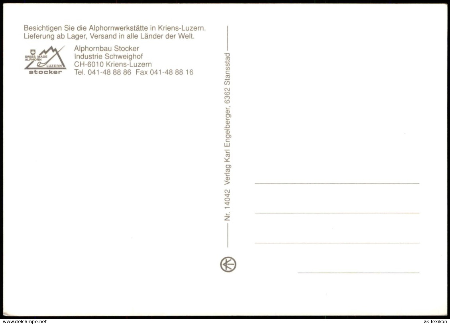 Ansichtskarte Kriens Alphornwerkstätte Luzern. Alphornbau Stocker 1988 - Sonstige & Ohne Zuordnung