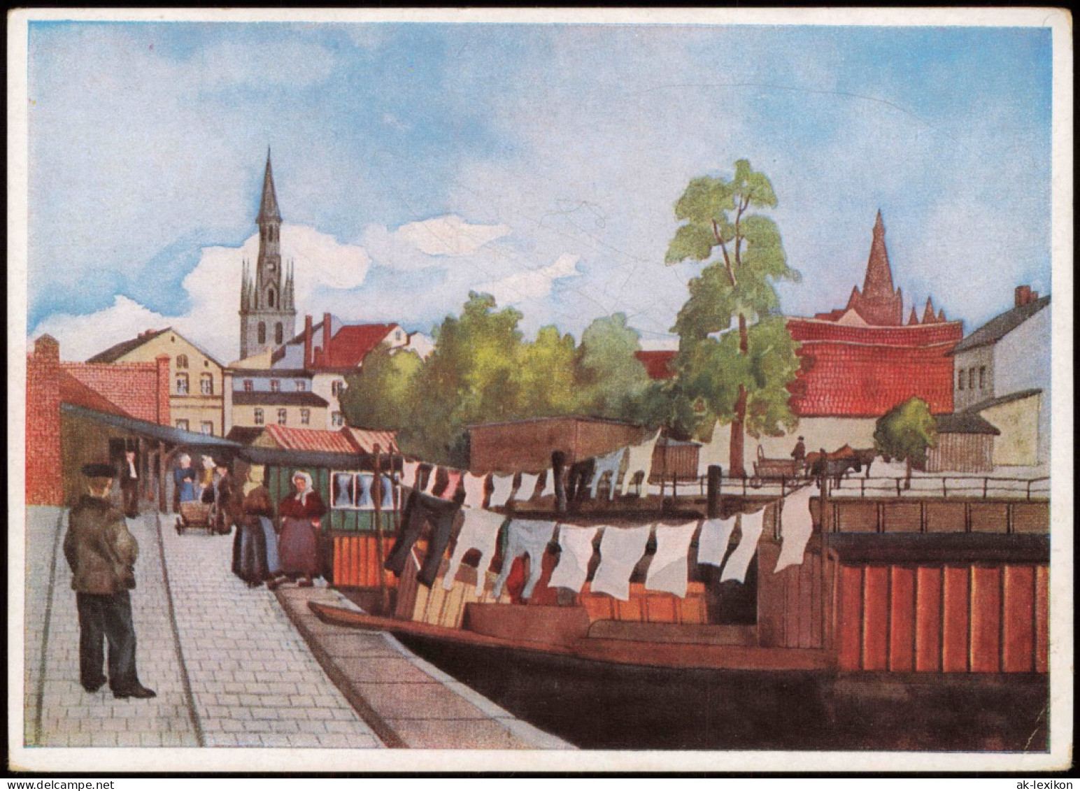 Postcard Memel Klaipėda Stadtpartie, Hafen - Künstlerkarte 1939 - Ostpreussen