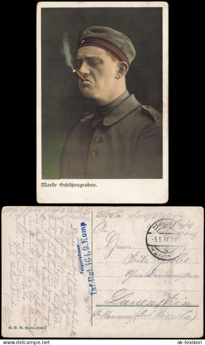 AK 1. Weltkrieg Rauchender Soldat Marke Schützengraben 1917    Feldpoststempel - Weltkrieg 1914-18