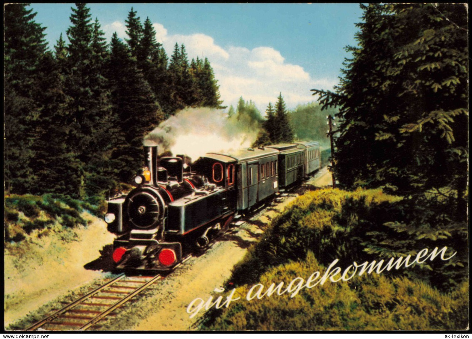 Ansichtskarte  Dampflokomotive Eisenbahn Zug; "Gut Angekommen" 1975 - Treinen