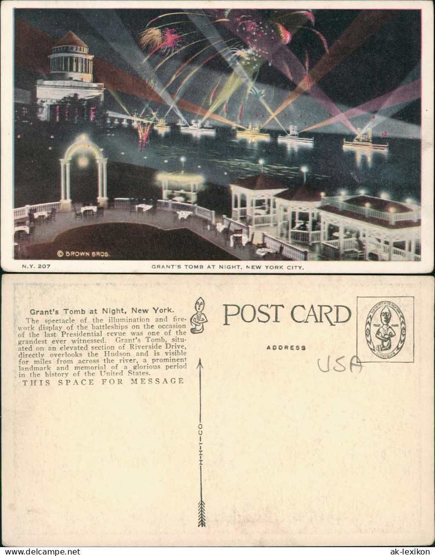 Postcard New York City GRANT'S TOMB AT NIGHT, NEW YORK CITY 1920 - Autres & Non Classés