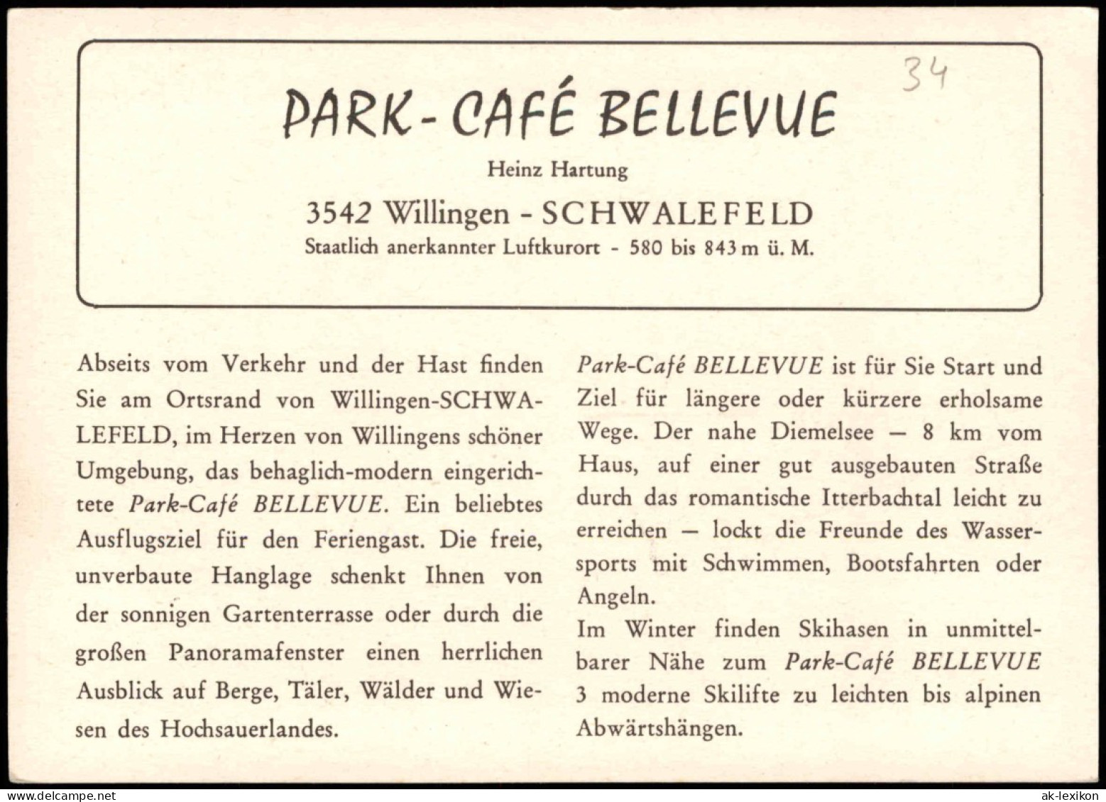 Schwalefeld-Willingen (Upland) Reklame-Karte PARK-CAFÉ BELLEVUE 1970 - Sonstige & Ohne Zuordnung