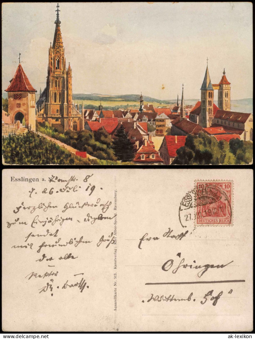 Ansichtskarte Esslingen Panorama - Auarellkarte 1919 - Esslingen