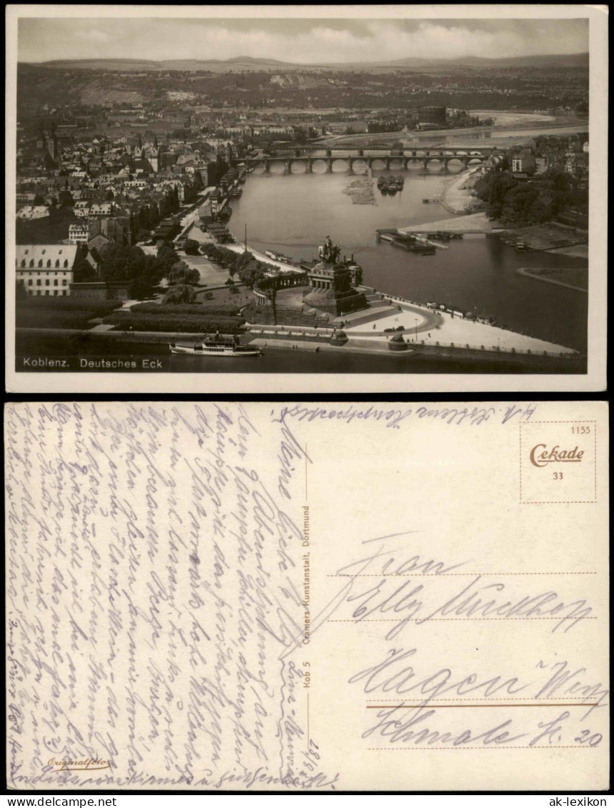 Ansichtskarte Koblenz Deutsches Eck, Dampfer - Totale 1933 - Koblenz