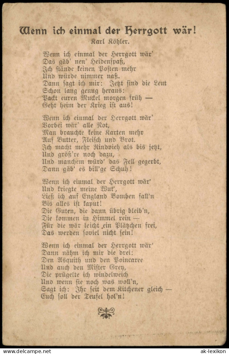 Liedkarten - Wenn Ich Einmal Der Herrgott Wär! Karl Köhler Feldpostkarte 1918 - Musik