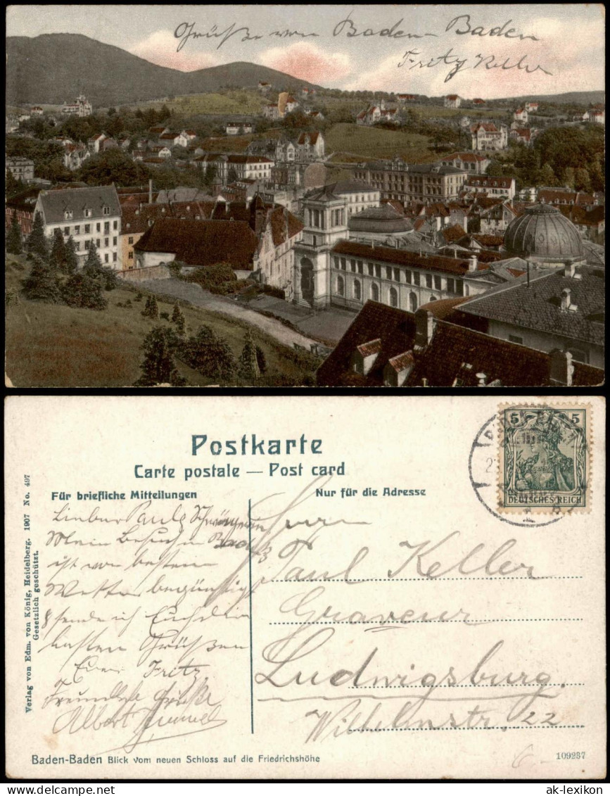 Ansichtskarte Baden-Baden Blick Vom Neuen Schloss Auf Die Friedrichshöhe 1907 - Baden-Baden