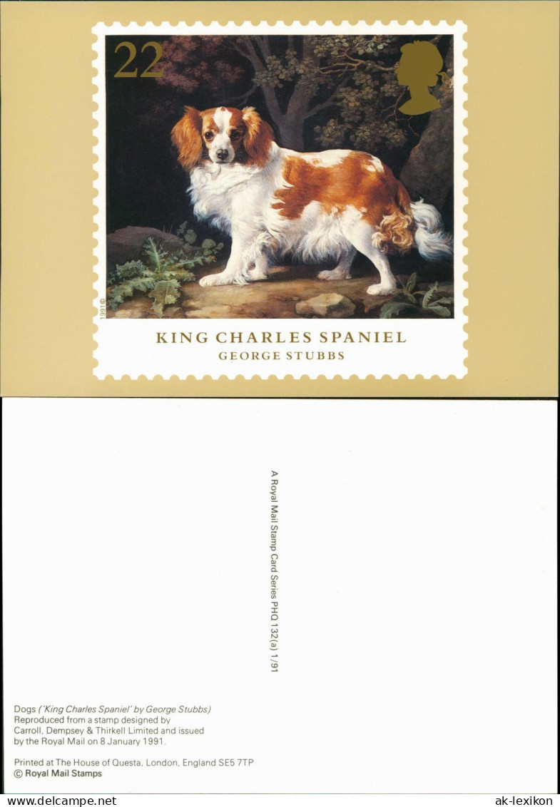 Ansichtskarte  KING CHARLES SPANIEL (Hund, Briefmarken-Motiv England) 1991 - Perros