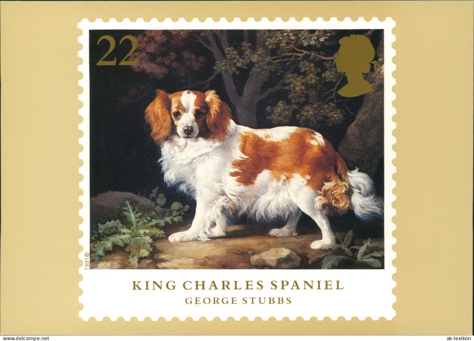 Ansichtskarte  KING CHARLES SPANIEL (Hund, Briefmarken-Motiv England) 1991 - Hunde