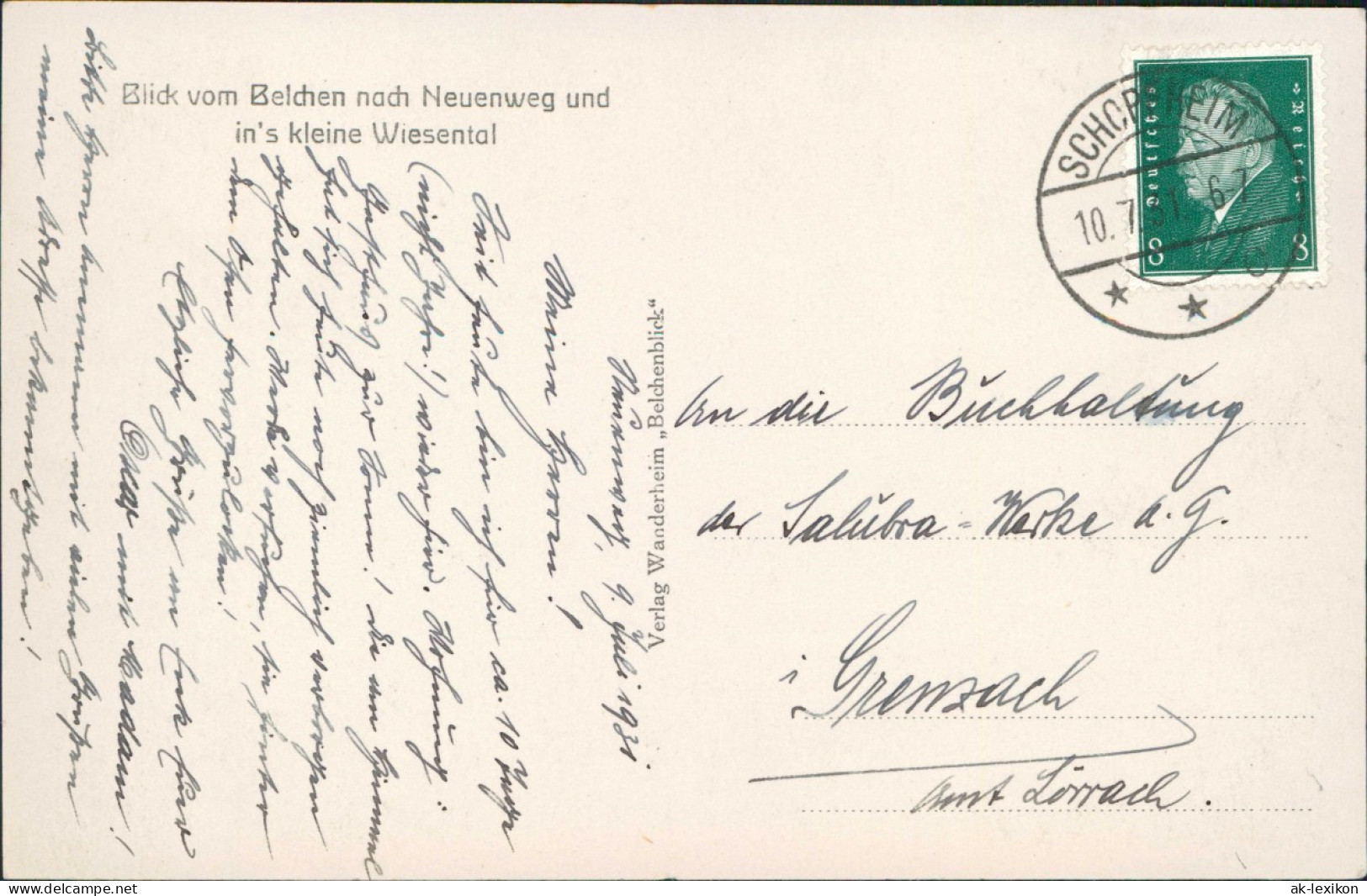 .Baden-Württemberg Belchen Nach Neuenweg Und Wiesental Schwarzwald 1931 - Other & Unclassified