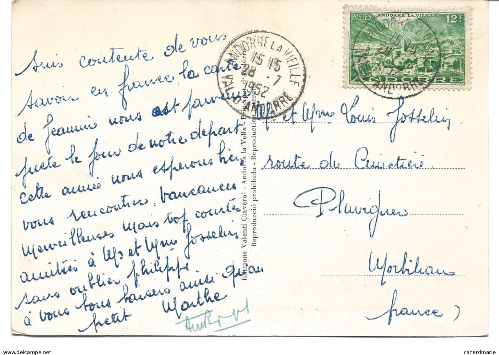 CARTE POSTALE 1952 AVEC CACHET ANDORRE LA VIEILLE - Lettres & Documents