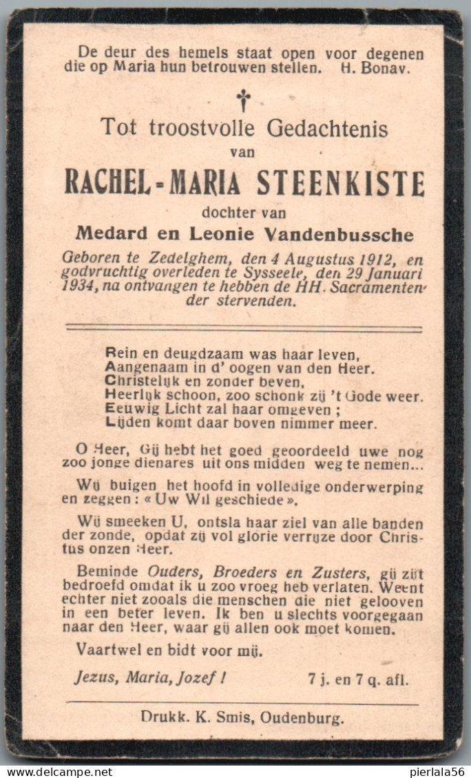 Bidprentje Zedelgem - Steenkiste Rachel Maria (1912-1934) - Devotion Images