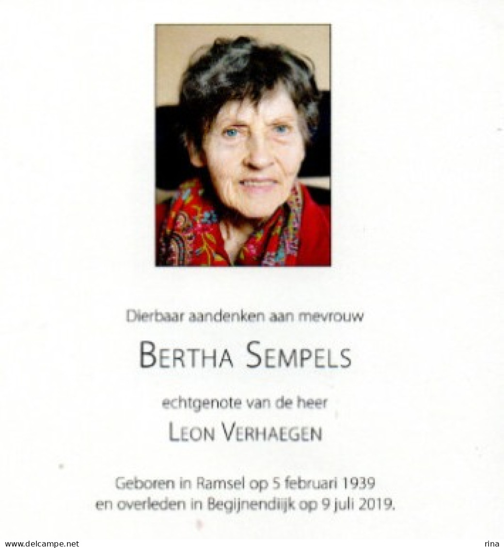 Bertha Sempels Geb Te  Ramsel Op 5 Feb 1939 Overl Te   Begijnendijk  Op 9 Juli 2019 - Sonstige & Ohne Zuordnung