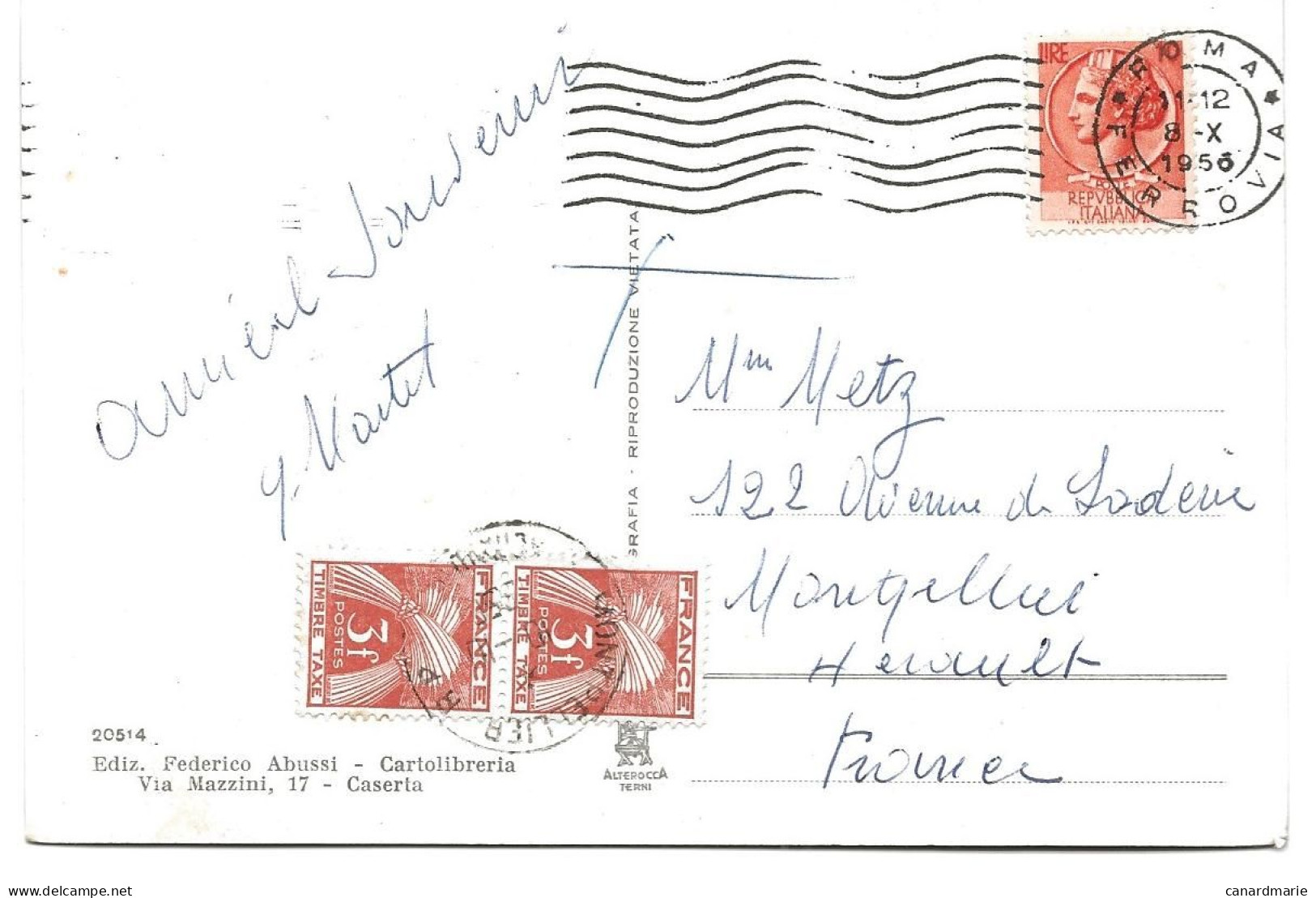 CARTE POSTALE D'ITALIE 1956 AVEC 2 TIMBRES TAXE A 3 FR - 1859-1959 Lettres & Documents