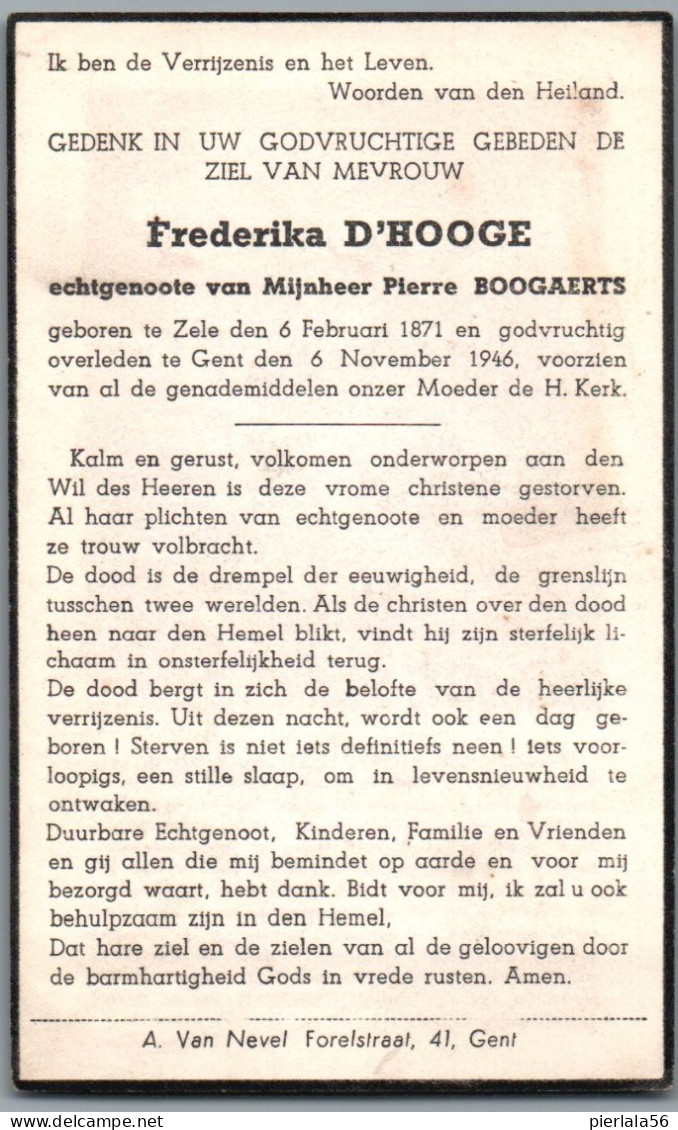 Bidprentje Zele - D'Hooge Frederika (1871-1946) - Images Religieuses