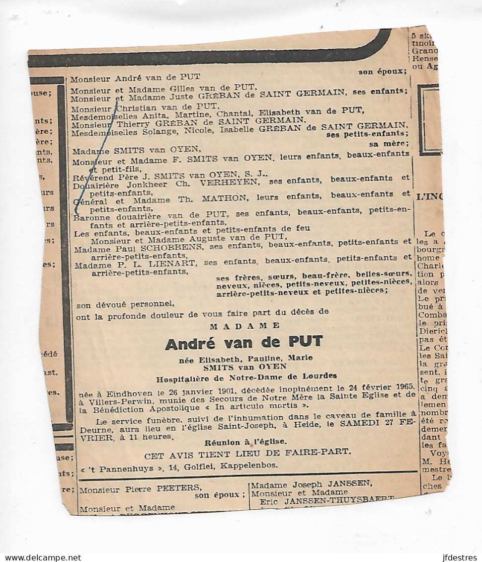 FP Nécrologie Elisabeth Smits Van Oven épse André Van De Put Villers-Perwin 1965 - Obituary Notices