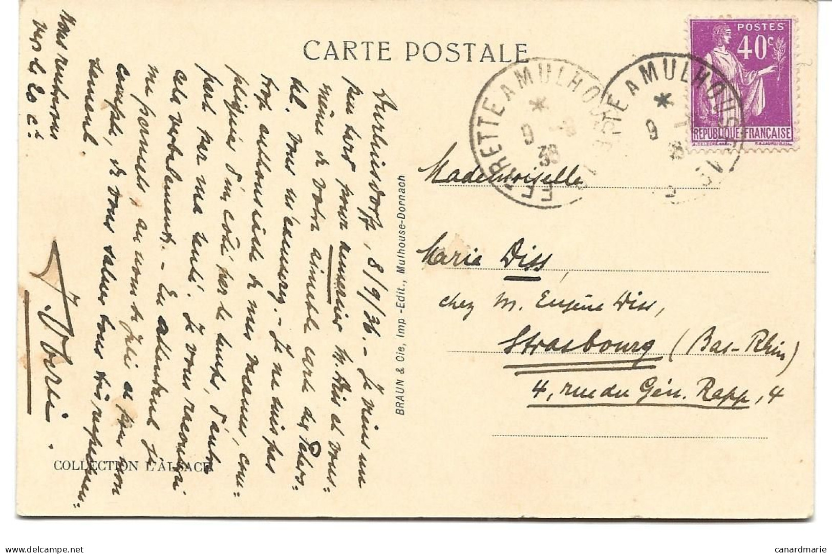 CARTE POSTALE 1938 AVEC CACHET AMBULANT FERRETTE A MULHOUSE - Correo Ferroviario