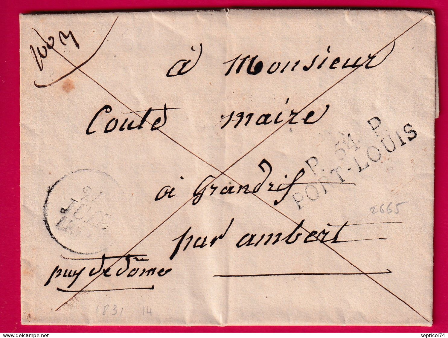 MARQUE P54P PORT LOUIS MORBIHAN 1831 INDICE 14 POUR AMBERT PUY DE DOME LETTRE - 1801-1848: Précurseurs XIX