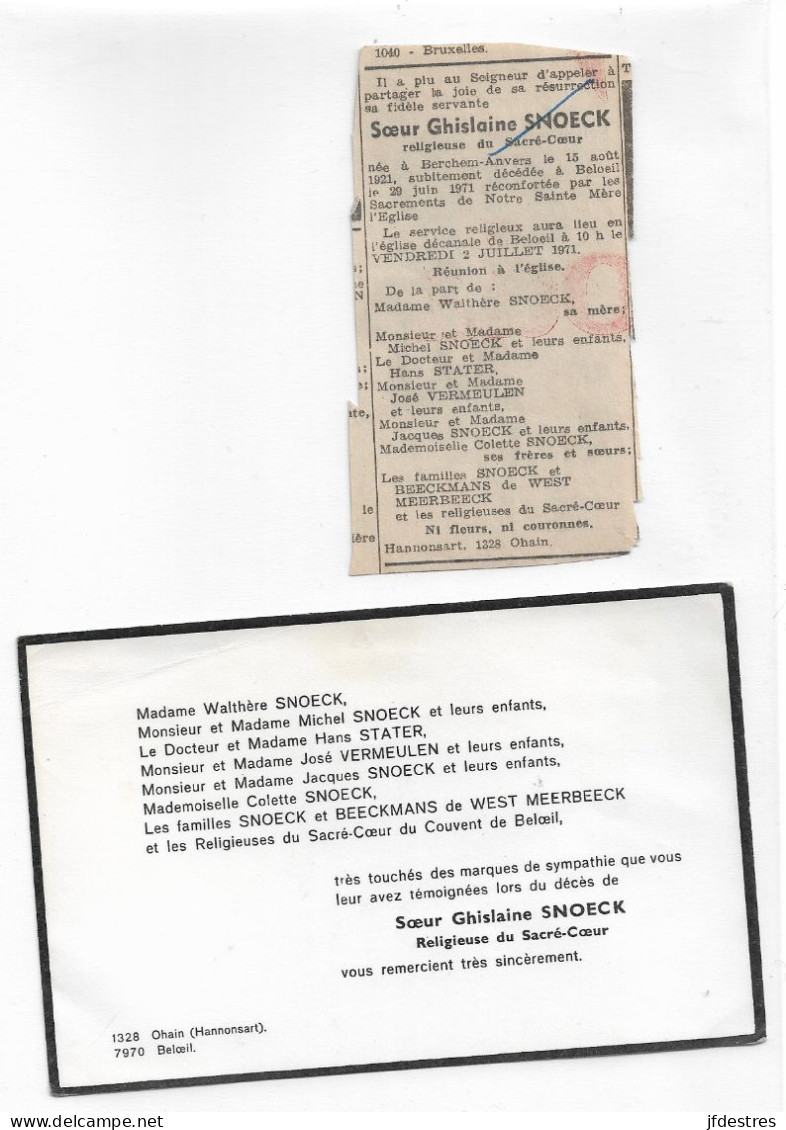 FP Nécrologie Et Carte Remerciements Soeur Ghislaine Snoeck Religieuse Du Sacré-Coeur Beloeil 1971 - Obituary Notices